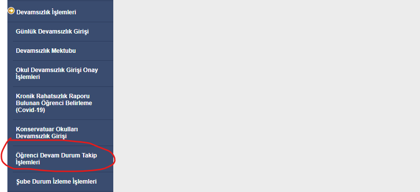e-Okul Öğrenci Devam Durum Takip İşlemleri menüsü