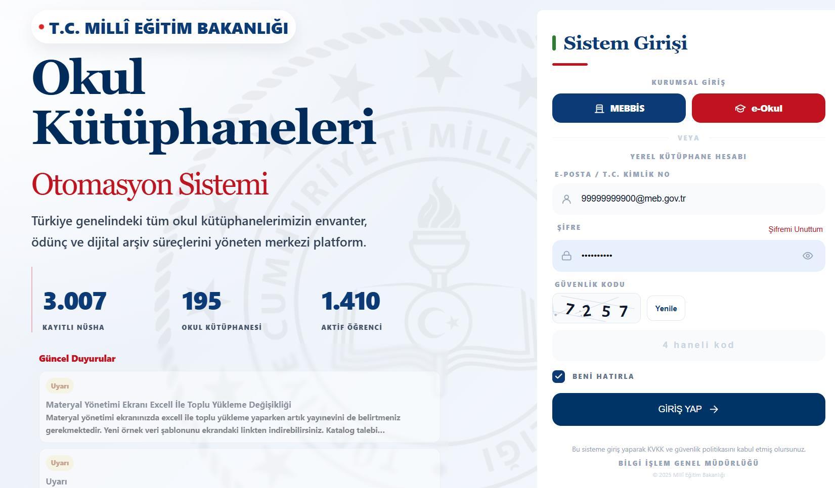MEB okul kütüphaneleri otomasyon sistemi giriş ekranı ve MEBBİS seçeneği