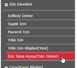 MEBBİS izin işlemleri izin talep açma menüsü