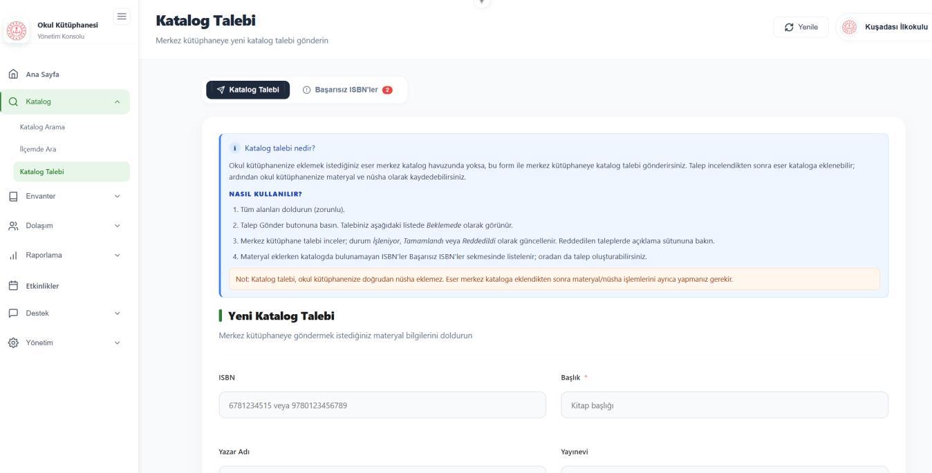 Merkez katalogda bulunmayan kitap için Katalog Talebi formu