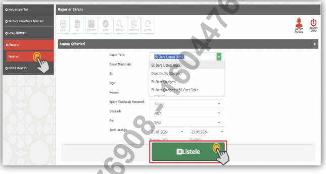 MEBBİS Ek Ders Modülü Raporlar ekranı örneği
