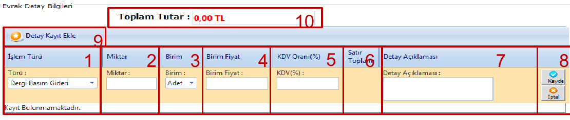 TEFBİS gider girişi detay satırı örneği